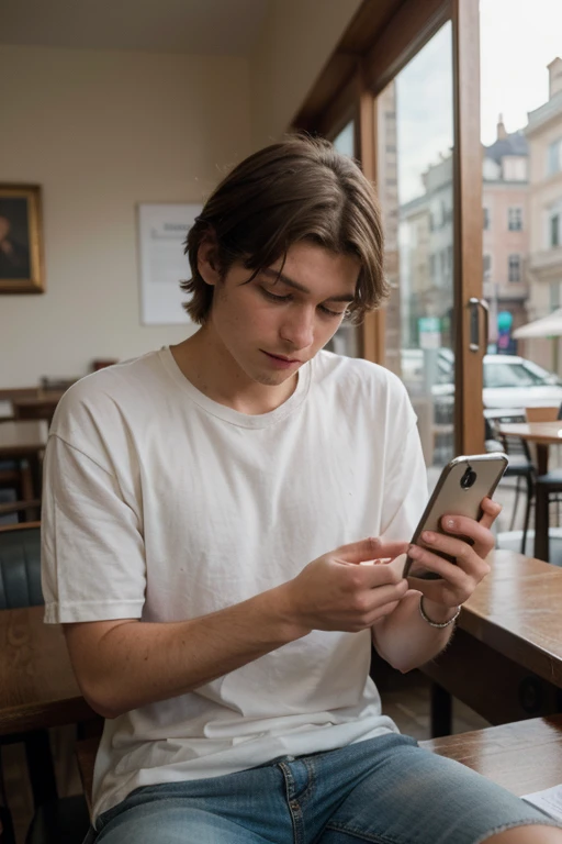 ((best quality)), ((masterpiece)), (detailed), perfect face caucasian man in the cafe sitting across the table face down looking at his phone