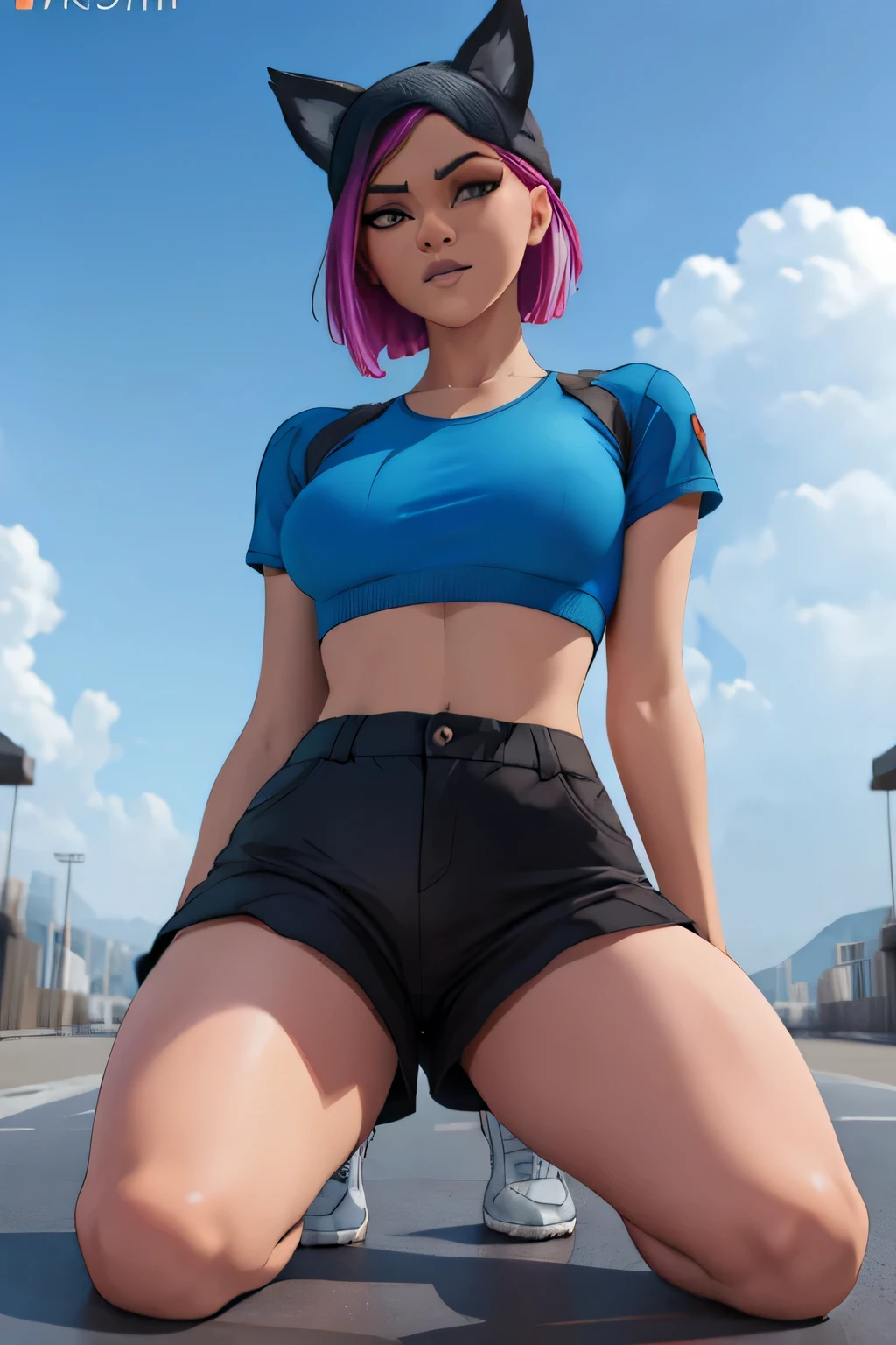 ((Masterpiece)), ((highest quality, best quality)), (highly detailed), ELEGG, SHORT HAIR, BANGS, MULTICOLORED HAIR, HAIR OVER EYES, CROP TOP, LONG SLEEVES, SUSPENDERS, MIDRIFF, NAVEL, SHORT SHORTS, (THIGH STRAP), GLOVES, (wide hips, thick thighs:1.3), squatting, outside, grass, sunset, highres, extremely detailed, fine details, vibrant