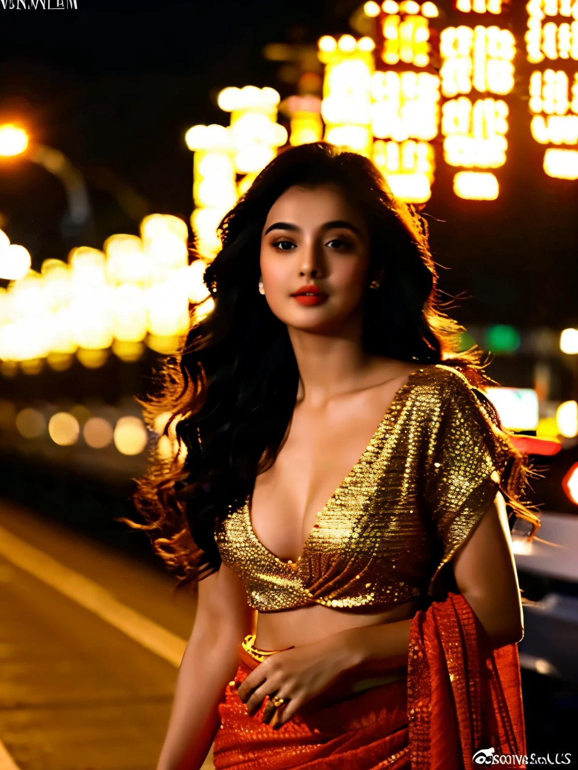 A 22yrs,north Indian, full firm bodied, deep cleavage, in scarlet saree, embroidered gold, deep neck black blouse, long free black curly hairs, showing off on a busy street. hyper detailed, fair smooth complexion, night time multiple display lights, 8k masterpiece resolution, professional photo.