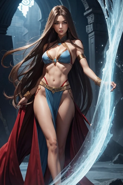 Djinn Female, extremely long brown hair, tall, slender build, highly fit with moderately defined muscle. Grey & Red harem girl outfit. ice blue eyes.