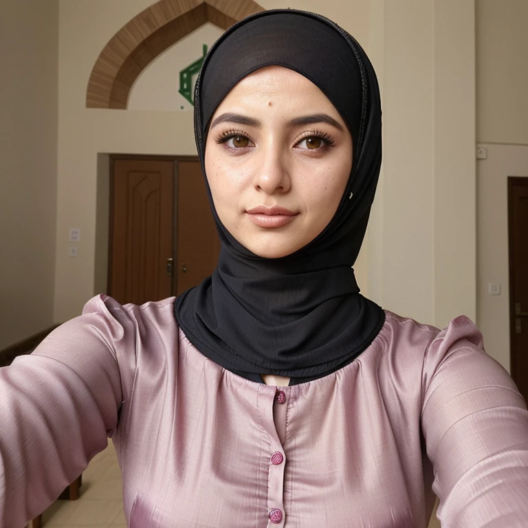 (Imagem realista) linda mulher Mussoumana, with mushuman clothes beautiful appearance((wearing islamic clothing)), imagem perfeita, imagem completa, tirando uma selfie de rosto