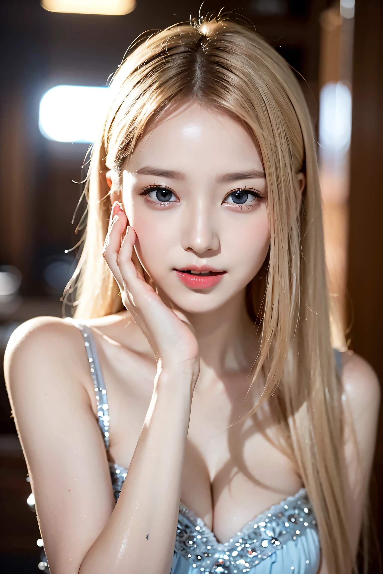Portrait、、bright look、ponytail、young shiny glossy white shiny skin、best looks、blonde reflection、Platinum blonde hair with dazzling highlights、shiny bright hair,、Super long smooth straight hair、Shining beautiful bangs、Sparkling crystal clear charming big blue eyes、Very beautiful and lovely cute 16 year old girl、rich bust,raise both arms,(Digression)、expensive、Full body Esbian、Nogizaka Idol