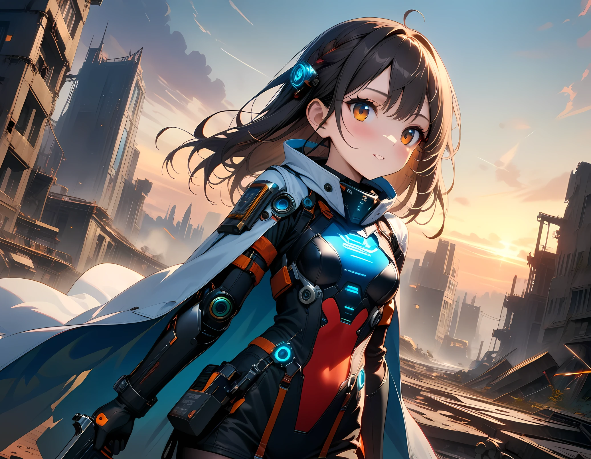 ((masterpiece, best quality, ultra-detailed, an extremely delicate and beautiful)), ((extremely detailed CG unity 8k wallpaper)), ((award winning, ccurate, UHD, textured skin, chromatic aberration, perfect ???????, golden ratio)), (concept art), dramatic angle, sharp focus, ((((Post-apocalyptic fiction)))), 1 young girl looking up the sophisticated ruin, the towered building, (small ???????, short body), young sister taste, chocolate half up hair, amber eyes, wearing cape, wearing armor, having her gun, lost technology, misterious energy, loneliness, impressed face, She is an experienced wanderer, sun set, cyber punk, retro future, exquisite attention to detail, ((perfect_composition, perfect_design, perfect_layout, perfect_detail, ultra_detailed)), ((aesthetic harmony))