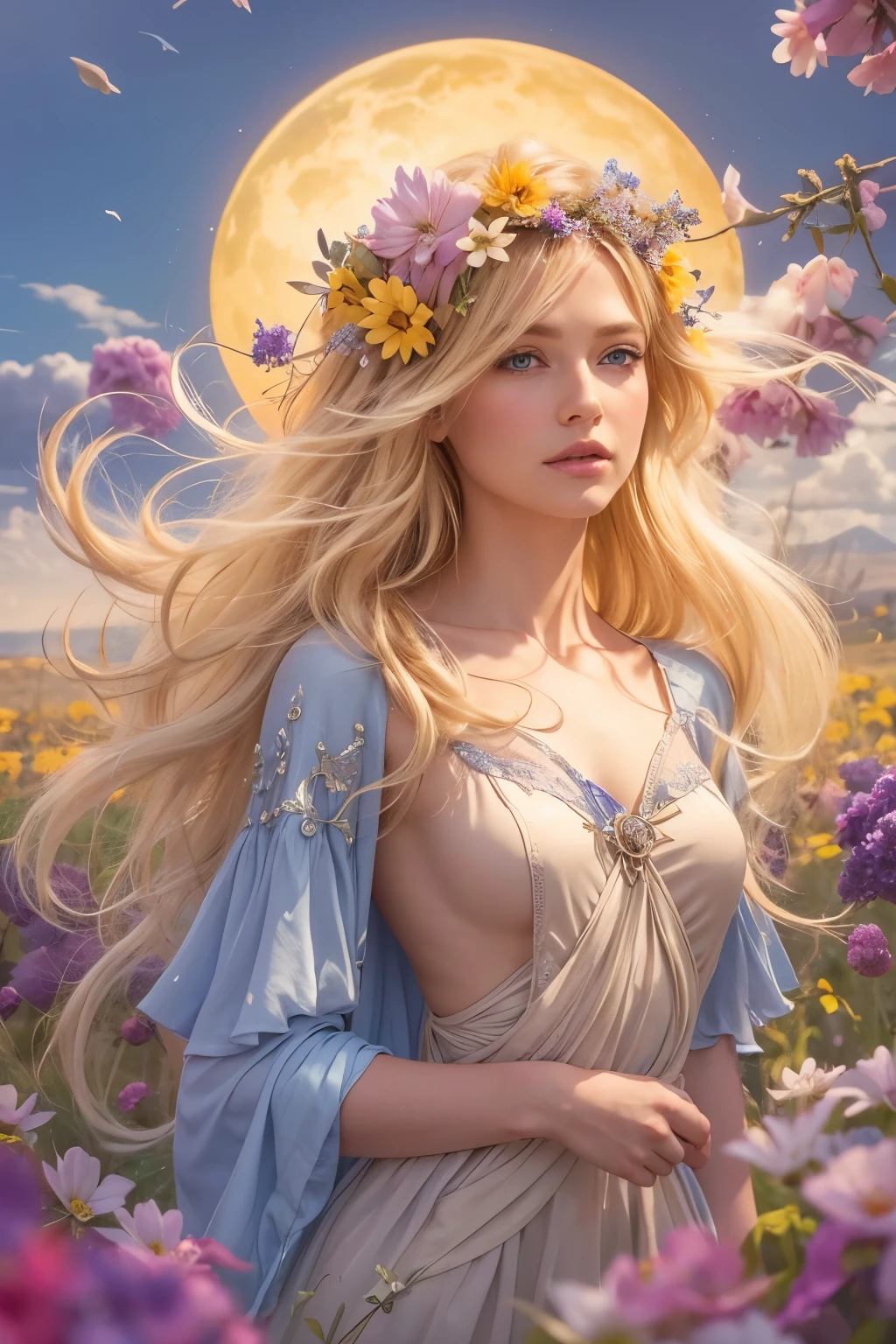 A blonde fairy, with flowing hair, blue eyes, delicate silky skin, with flowers in her hair, wearing a beautiful dress of fine linen, standing on a small hill of flowers with varying colors stretching across plains, while a The sun shines beneath scattered clouds in the sky, the image is imposing.