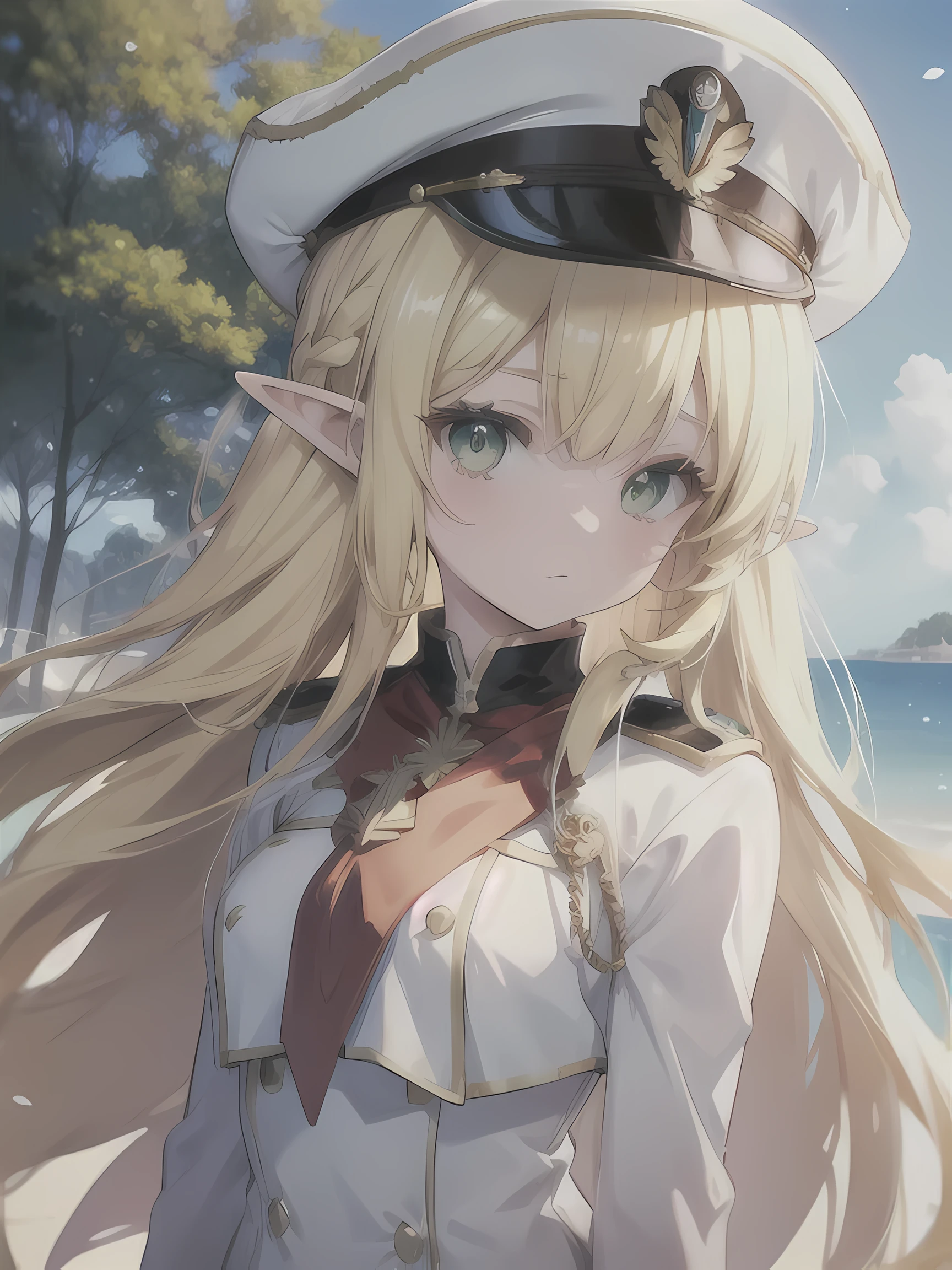 anime elf girl, blonde long hair, green eyes, white marine uniform, white marine hat, village background