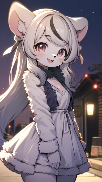 furry girl,ultra detailed fur,park,white dress,moonlight,blush,smile,open mouth,looking at viewer