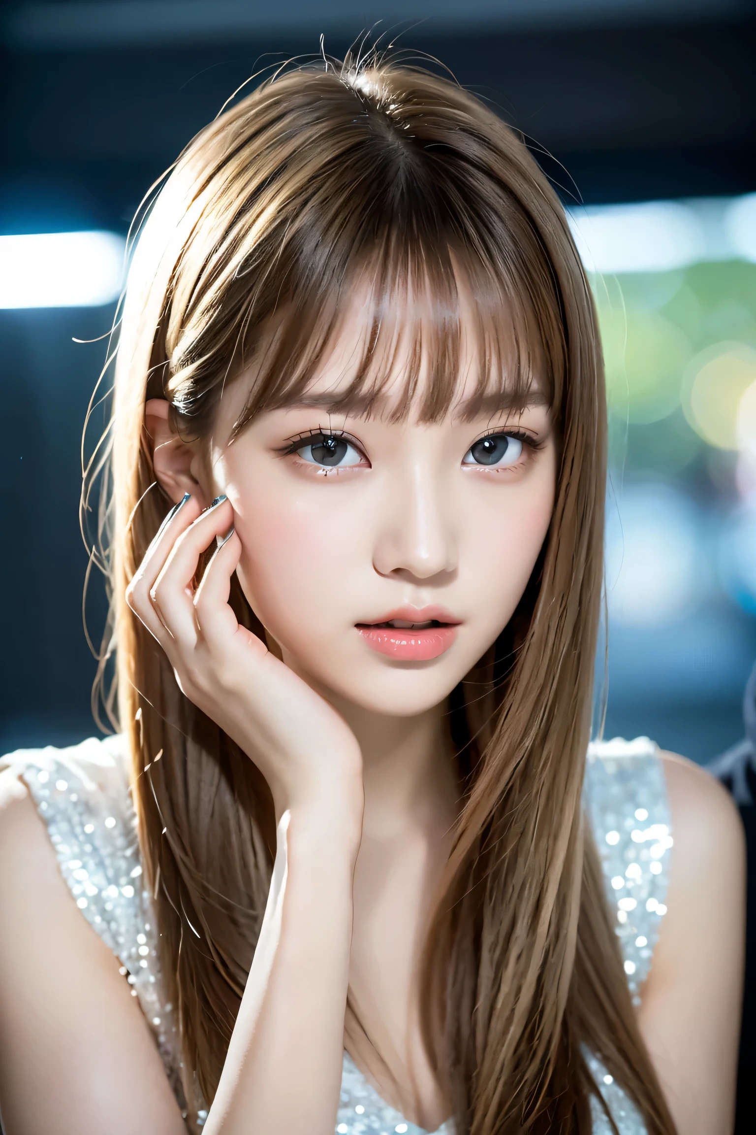 (Ultra Realistic), (Illustration), (Increased Resolution), (8K), (Extremely Detailed), (Best Illustration), (Beautiful and Detailed Eyes), (Best Quality), (Ultra Detailed), (Masterpiece ), ( wallpaper), (detailed face), solo, 1 girl, looking at viewer, fine details, detailed face, in the dark, deep shadows, low key, pureerosfaceace_v1, smiling, long hair, black shawl straight hair , 46 points oblique bangs
