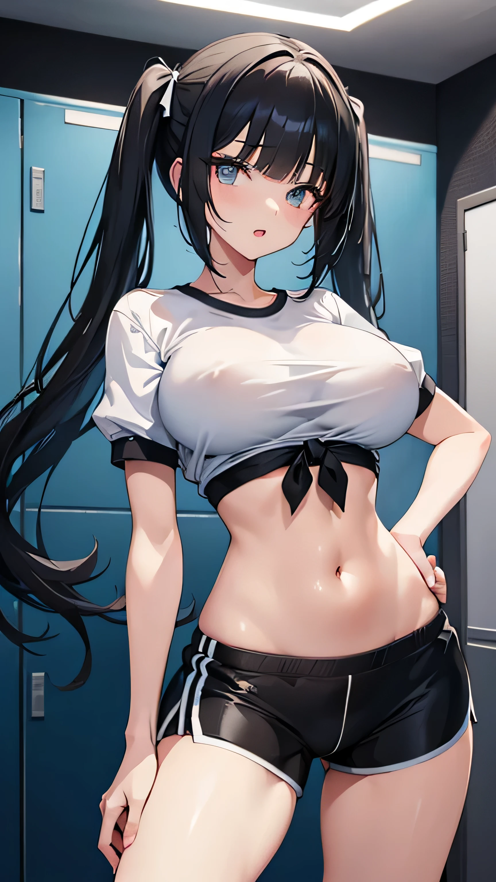 female, skinny, narrow waist, huge breasts, thick, straight black hair, twintails, blunt bangs, breasts apart, soft skin, masterpiece, bestquality, shiny skin, facing camera, blue eyes, POV, open mouth, cinematic lighting, 8k, super detail, gym outfit, white shirt, midriff, bloomers, gym shorts, locker room, short sleeves, wide hips, short shorts, makeup, wasian, thighs, posing, tied shirt