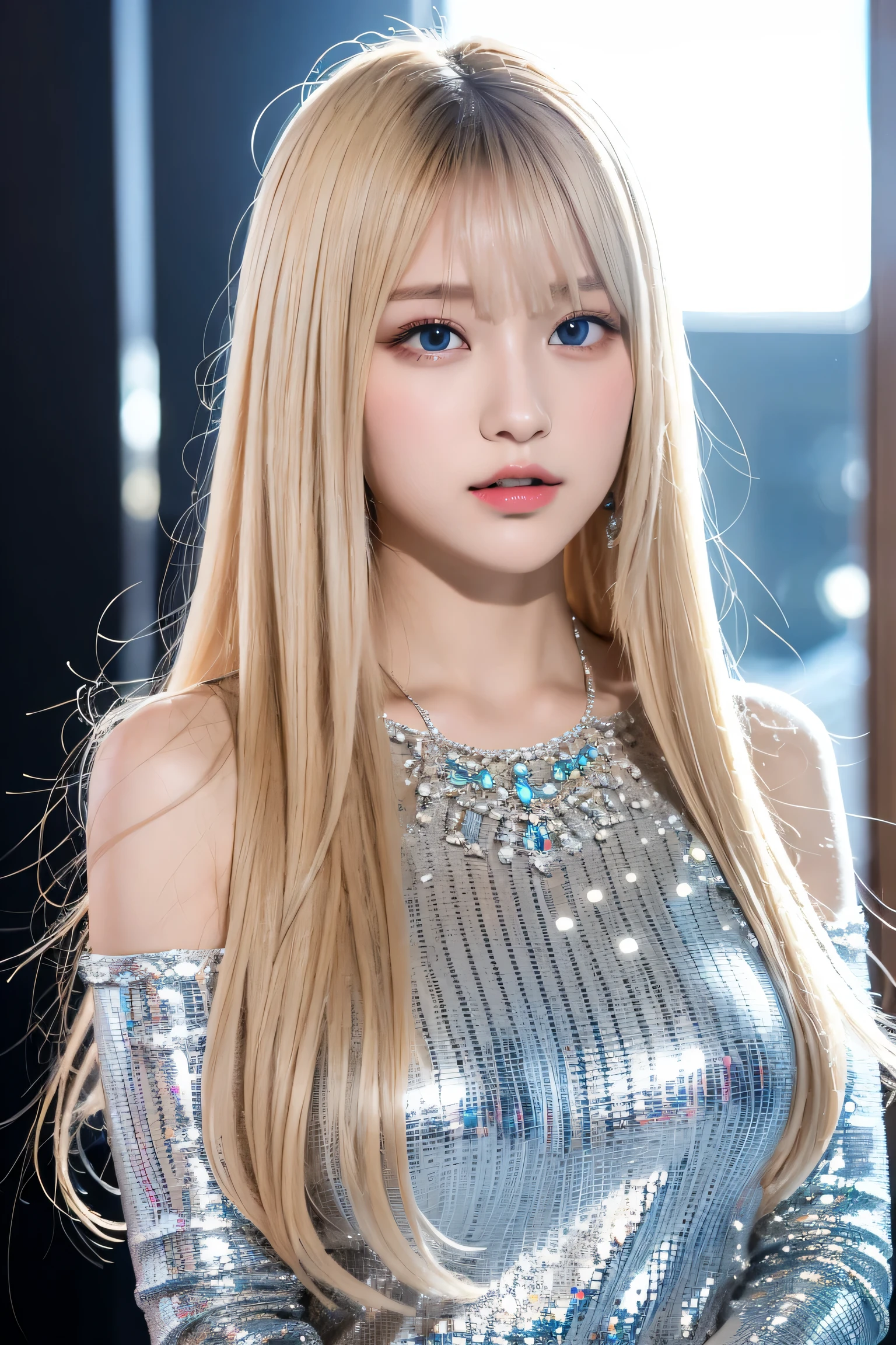 Portrait、、bright look、ponytail、young shiny glossy white shiny skin、best looks、blonde reflection、Platinum blonde hair with dazzling highlights、shiny bright hair,、Super long smooth straight hair、Shining beautiful bangs、Sparkling crystal clear charming big blue eyes、Very beautiful and lovely cute 16 year old girl、rich bust,raise both arms,(Digression)、expensive、Full body Esbian、Nogizaka Idol