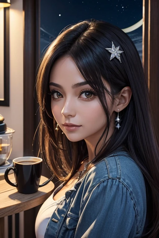 una mujer con buen cuerpo alta con cabello ondulado cerquillo color del cabello un cafe medio claro con dos broches uno de estrella y el otro con conforma de luna los dos broches del lado izquiero con cara tipo diamante ojos de asia color miel con ropa de la policia de nueva york mirando de costado feliz con un lunar cerca del ojo derecho