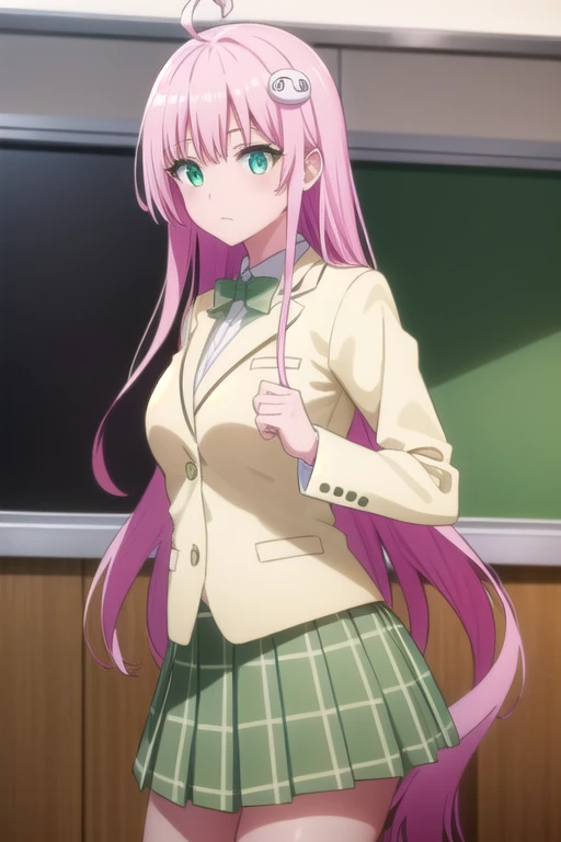 laladevilluke, lala deviluke, long hair, pink hair, tail, ahoge, bangs, hair ornament, (green eyes:1.5),
BREAK , white shirt, (yellow blazer:1.5), blazer, ribbon, green ribbon, pleated, pleated skirt, skirt, (green skirt:1.5),((, breasts and  ,  and  )),
BREAK looking at viewer,
BREAK indoors, classroom,
BREAK (masterpiece:1.2), best quality, high resolution, unity 8k wallpaper, (illustration:0.8), (beautiful detailed eyes:1.6), extremely detailed face, perfect lighting, extremely detailed CG, (perfect hands, perfect ),