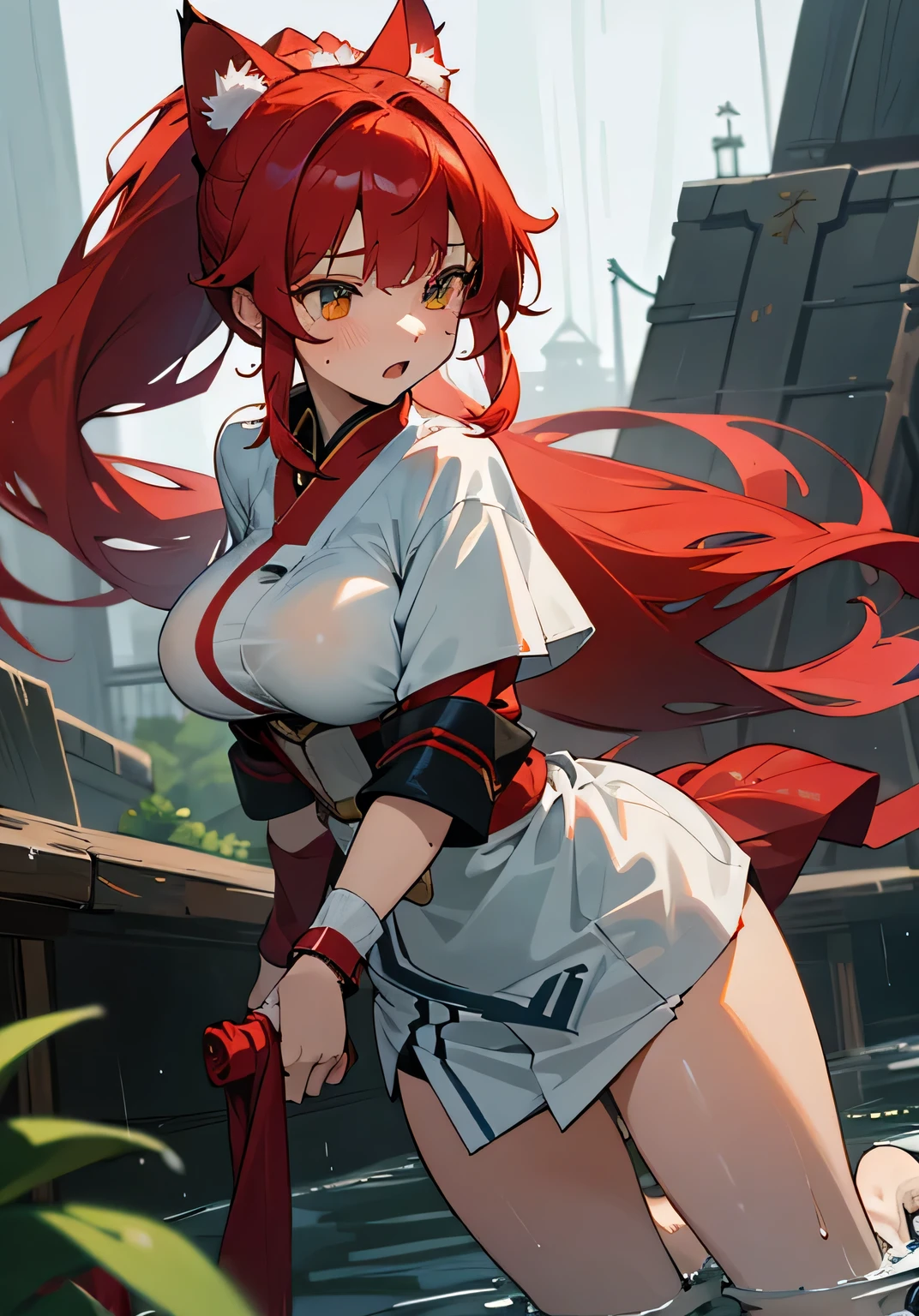 {best quality},rainy,wet,wet clothes、Very wet clothes、Cat ear、red hair、Her right eye is hidden by her bangs、Long hair in a ponytail、big breasts、big breasts、Shrine maiden combat uniform with an open chest area、Wide cuffs、There are quite a lot of exposures where the breasts are exposed.