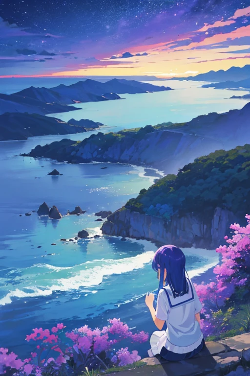 Paisagem em tons de roxo e azul escuro, Asia, noite, com mar no fundo, estilo de arte do studio ghibli, noite detalhada, mar agitado, mulher sentada, olhando o mar, cabelos pretos e vento nos cabelos