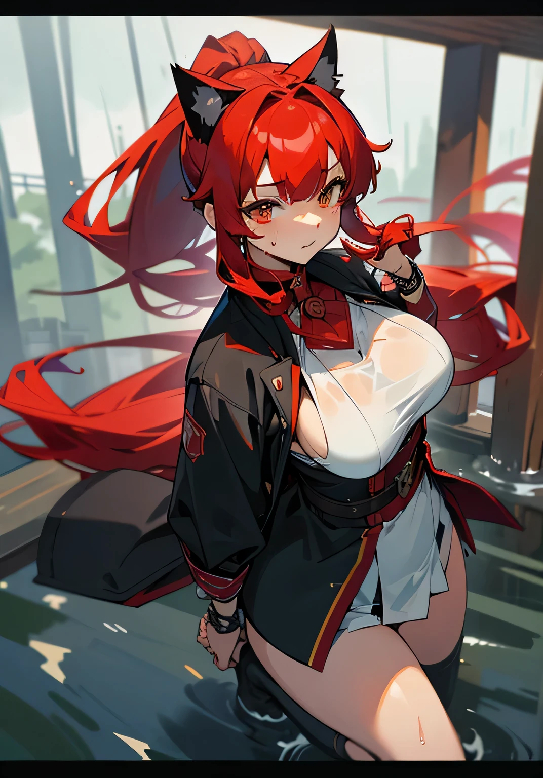 {best quality},rainy,wet,wet clothes、Very wet clothes、Cat ear、red hair、Her right eye is hidden by her bangs、Long hair in a ponytail、big breasts、big breasts、Shrine maiden combat uniform with an open chest area、Wide cuffs、There are quite a lot of exposures where the breasts are exposed.