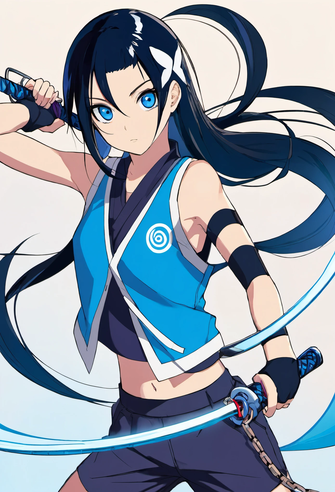 Garota, 10 anos. Wear the bandana with the Konoha symbol. She has straight black hair down to her shoulders and blue eyes.. Usa um short azul largo, a white crop top with a blue vest over it and blue long-top sneakers. Cara de mal humorada. He is wielding a kusarigama with his hands (A kusarigama is a weapon that consists of a small sickle with a chain at the other end of the handle.), hold the cable in your right hand and the chain in your left hand. anime dash.
