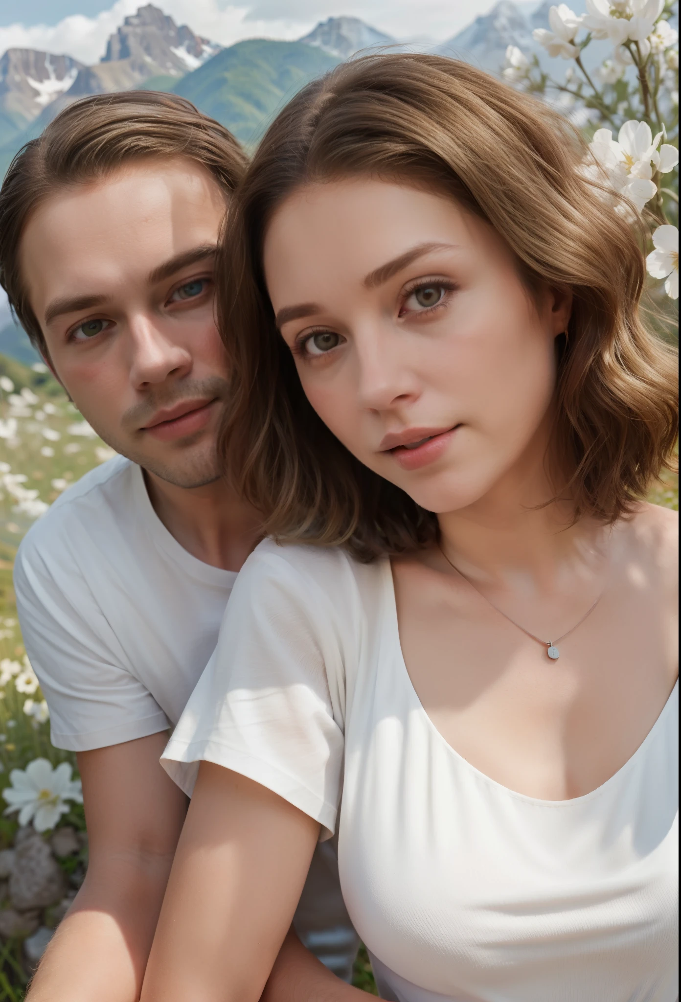 The girl has long wavy dark blonde hair, dressed in an elegant white spring floral dress with a closed neckline, the man is wearing a white stylish T-shirt, short haircut, standing on the background of beautiful nature, mountains, maximum realism 