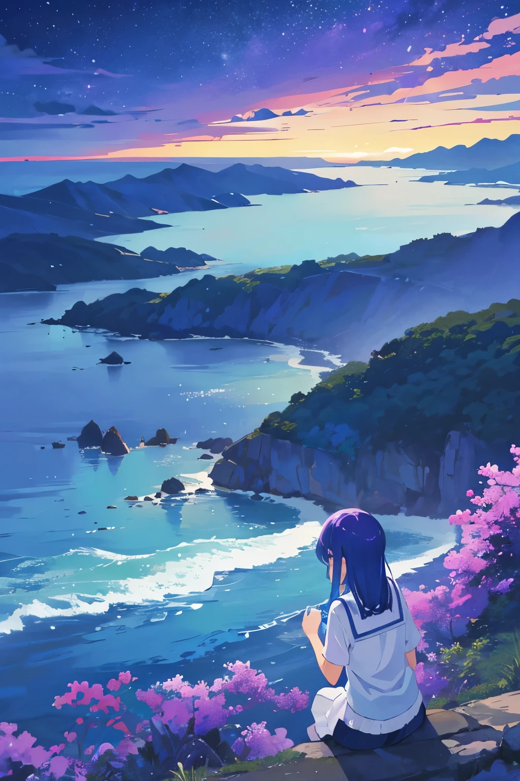 Paisagem em tons de roxo e azul escuro, Asia, noite, com mar no fundo, estilo de arte do studio ghibli, noite detalhada, mar agitado, mulher sentada, olhando o mar, cabelos pretos e vento nos cabelos