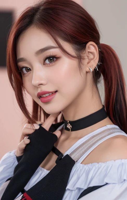 (Top Quality, 4k, Masterpiece: 1.3), realistic korean Woman, 1 realistic Girl, Sexy: 1.1,  multicolored hair (red and black streaked hair), Two-Tier Inverted medium short hair, (Wavy hair:1.3), Long sideburns,low twintails, Glossy, flashy gyaru-inspired front-tie Shirt, off shoulder college jacket, Ultra Detailed Face, Detailed Lips, Detailed Eyes, strawberry lips, rosy checks, smoky eyeshadow, winged eyeliner, joyful smile with showing teeth, fashionable numerous piercings, chocker, nailpolish, fingerless gloves