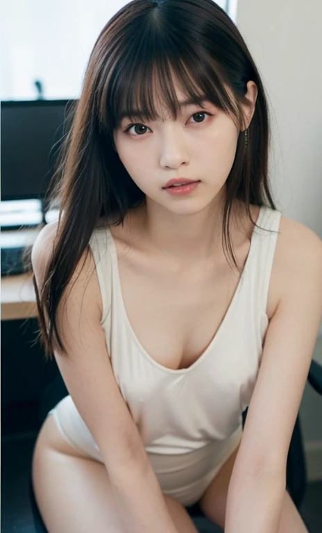 masterpiece、highest quality、16K、RAW photo、Super detailed、ultra high resolution、UHD,Depth of the bounds written、very detailed、soft light、professional lighting、Pale shading、Weak contrast、Japanese、beautiful girl、slender woman、Smooth, silky skin、clear white skin、daytime office、Window seat、sitting in front of the computer、Pink leotard、(smooth and beautiful thighs:1.6)、(small breast:1.0)、flat chest、Childlike breasts、small areola、small nipples、beautiful nipples、Cherry-colored nipples、white breast、fine and beautiful eyes、(hanging eyes)、clear double eyelids、tear bag、(thin eyebrows:1.0)、(thin lips:1.0)、natural makeup、natural color lip、gentle smile、(floating hair、long wavy hair、high ponytail),(The bangs are see-through bangs)、Black mesh office chair、from head to thighs