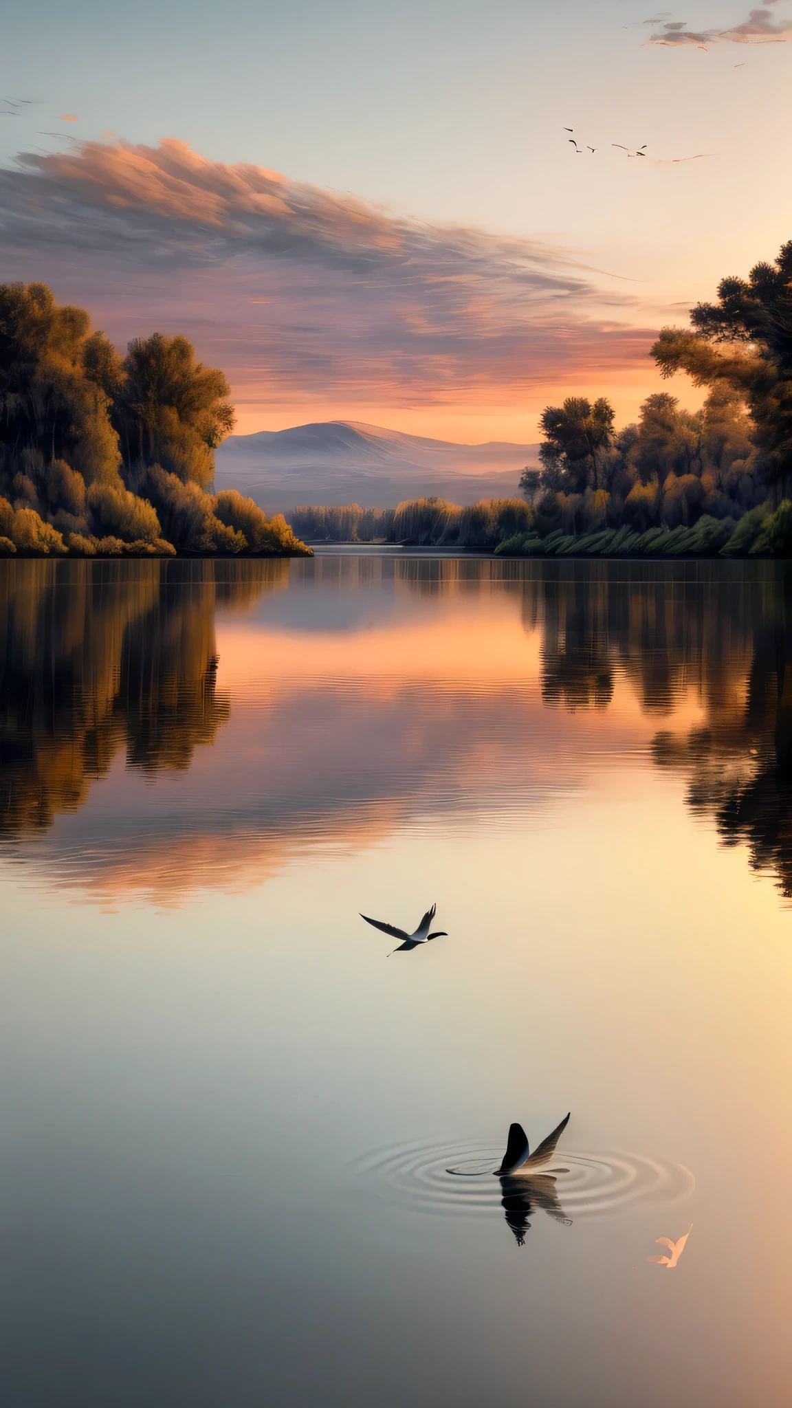 A serene sunrise over a tranquil lake, with birds gently gliding over the water.