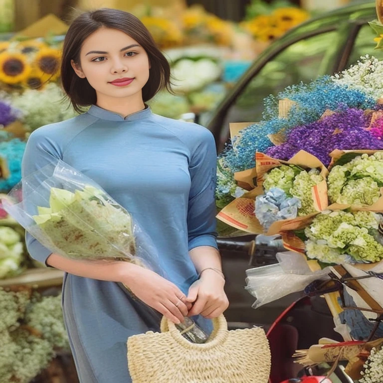 there is a woman standing in front of a car with flowers, In a blue cheongsam, with flowers, Wearing a blue cheongsam, In Lammanh style, Vietnamese woman, Ao Dai, Beautiful young amaranth, holding flowers, Anna Nikonova, Anna Nikonova aka newmilky, cute woman, Tomorrow, Tran., handsome girl