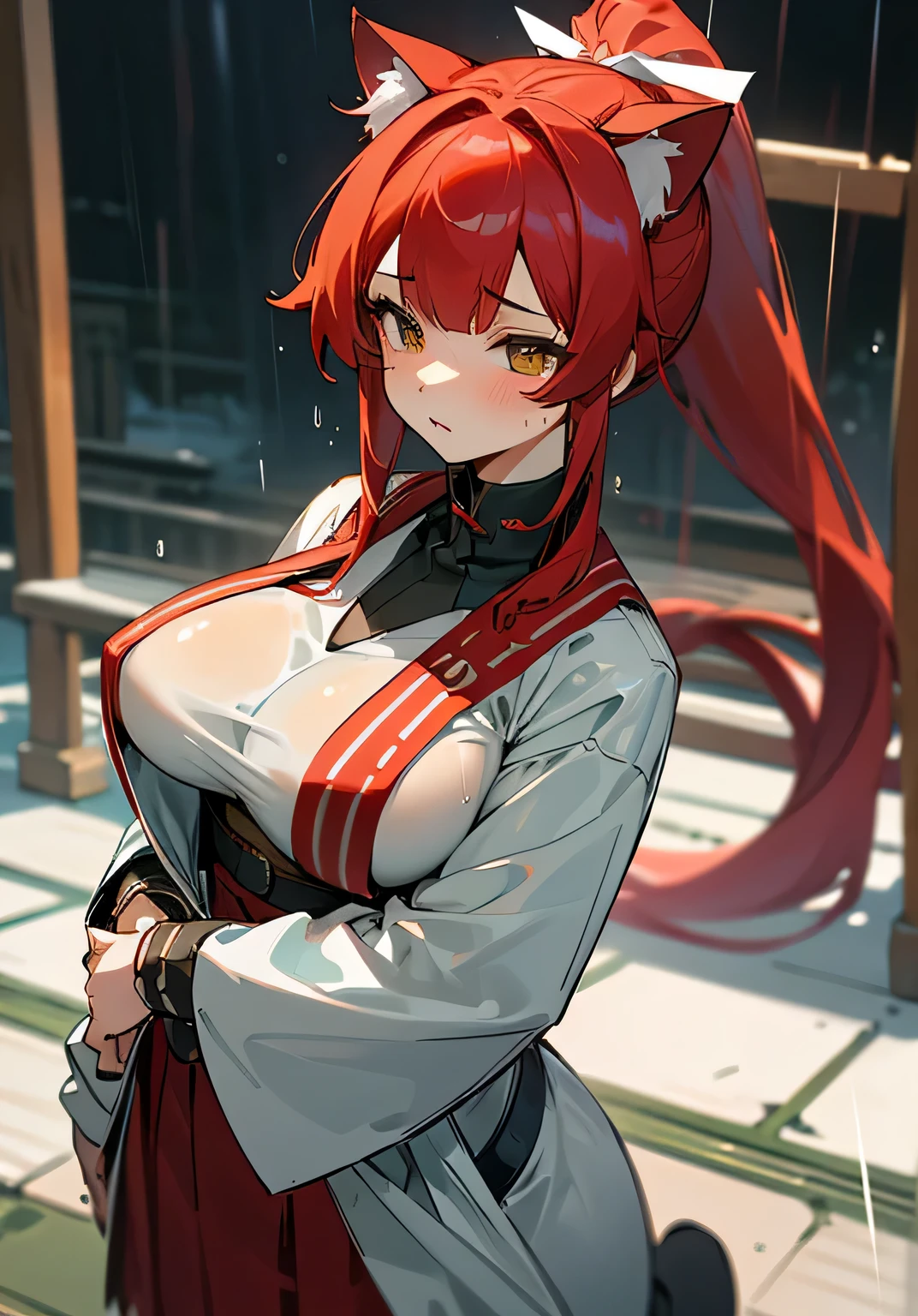 {best quality},rainy,wet,wet clothes、Very wet clothes、Cat ear、red hair、Her right eye is hidden by her bangs、Long hair in a ponytail、big breasts、big breasts、Shrine maiden combat uniform with an open chest area、Wide cuffs、There are quite a lot of exposures where the breasts are exposed.