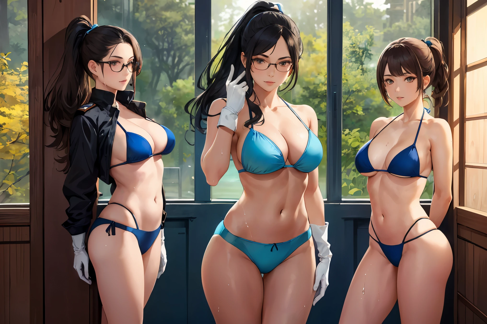 (masterpiece, best quality), ((4girl:1.5)), xianyun, glasses,ponytail, red-framed eyewear, under-rim eyewear,ponytail,
BREAK (see-through, bikini under clothes, blue bikini, military shirt, white gloves, bare legs, military shirt, wet:1.2),
BREAK standing in a large alcove in the room , standing in front of a window ,arms behind back,
BREAK detailed background, detailed face, (frontier western theme:1.1), autumn forest background, fallen leaves,
BREAK ((top quality, 8k, masterpiece: 1.3, ultra hd, high quality, best quality, high definition, realism)), sharp focus: 1.5, Beautiful woman with Slim body, (perfect hands, perfect anatomy),