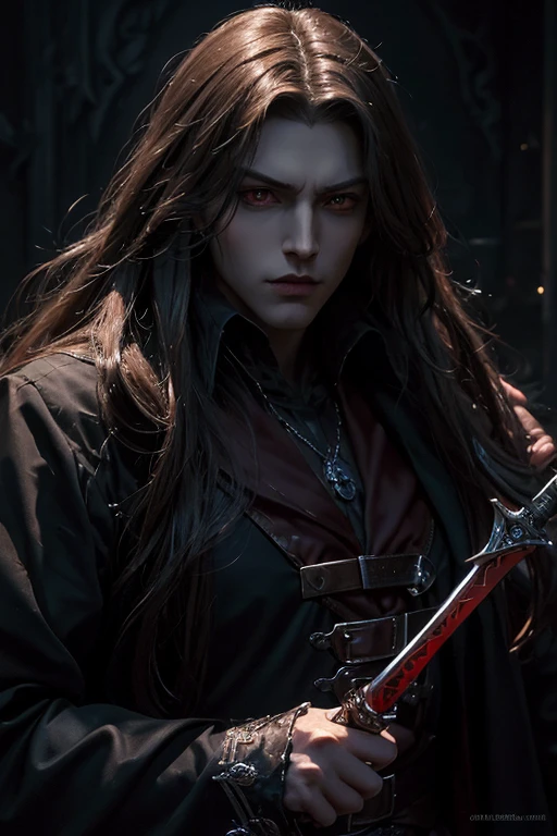 (best quality, masterpieces: 1.2), (realistic: 1.2), Castlevania, A close-up of a disguised man holding a sword, Alucard, extremely detailed face, beautiful red eyes, 4k ultra-detailed dark fantasy art, epic & gothic art style, Son of Sparda, in dark fantasy art style, breathtaking