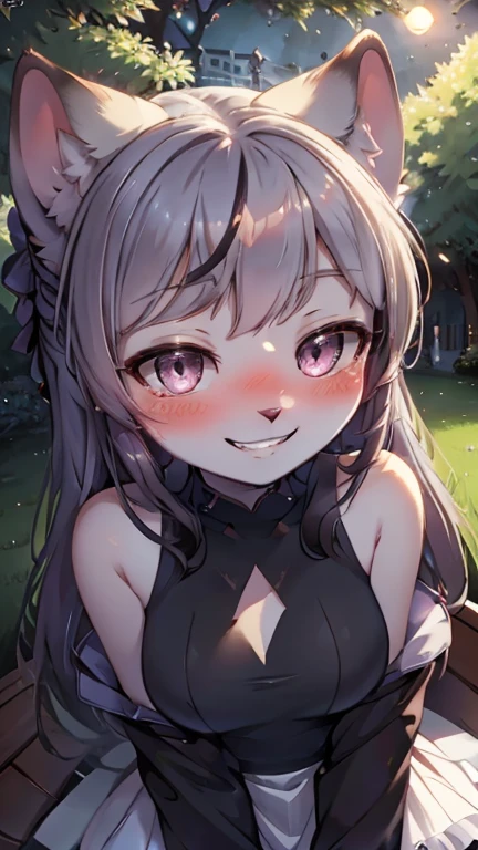 furry girl,ultra detailed fur,park,white dress,moonlight,all face blush,grin,eye close,looking at viewer