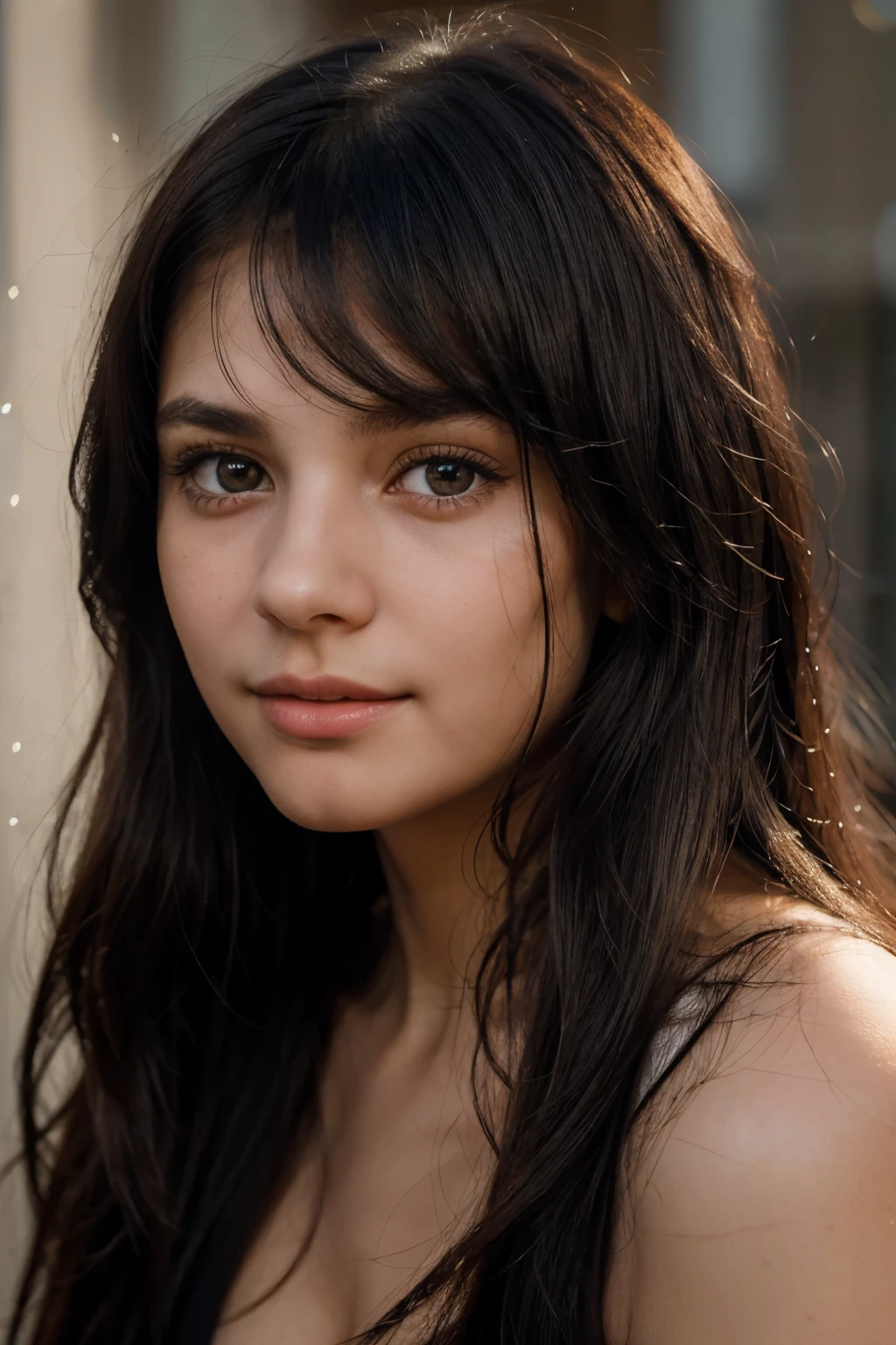 young girl, cute, 20 years, black straight hair, ultra textured skin, goosebumps, face looking flat into the camera, best quality, high resolution, vibrant colors, portrait, detailed eyes, detailed lips, flowing hair, elegant pose, soft lighting, subtle smile