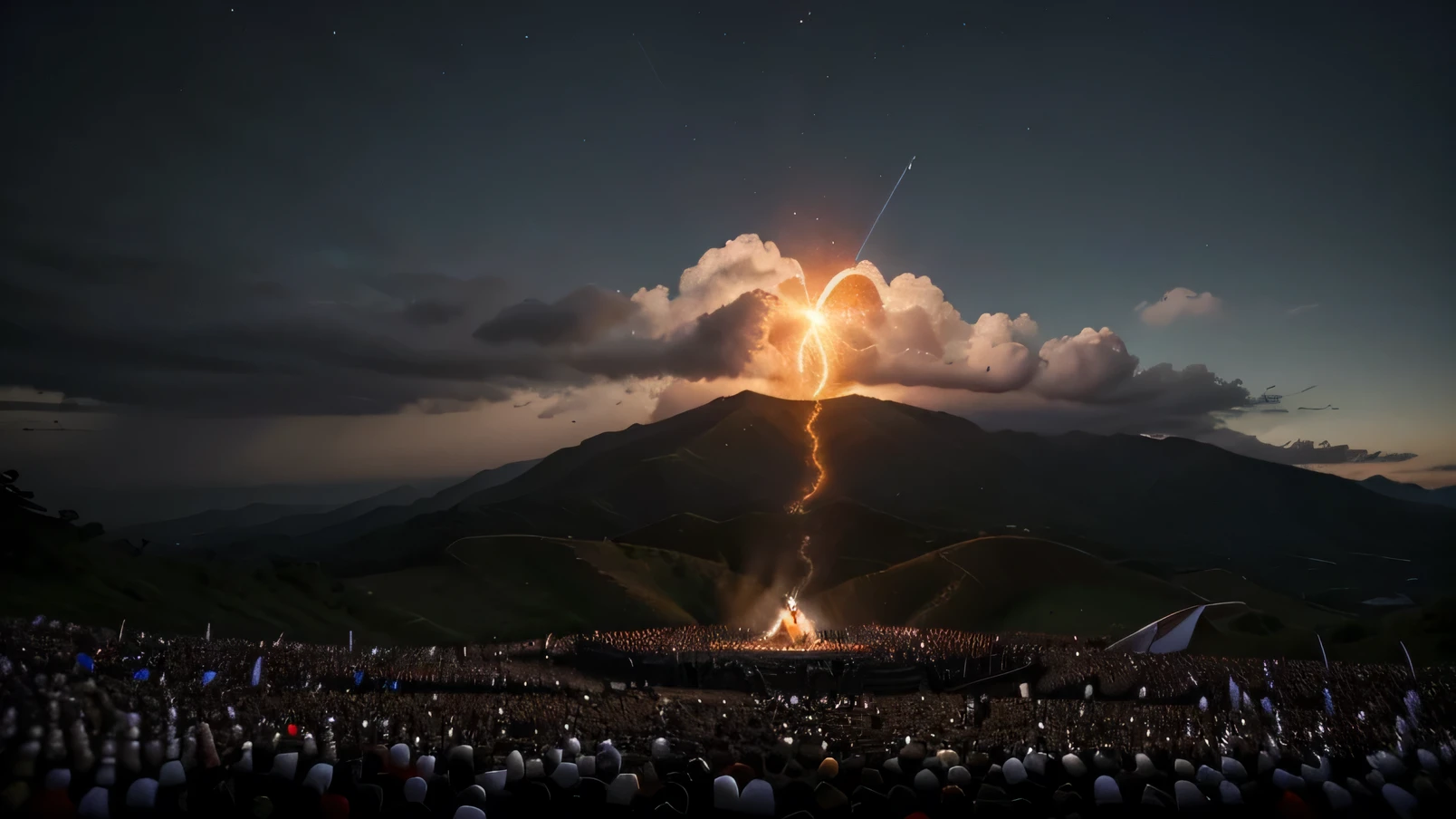 O Arrebatamento ,Thousands of people are floating in the air,Standing on the clouds, Thousands of people are dressed in white, Raise your hands and sing hymns to praise God. The scenes are magnificent and surreal. (best quality, 4k, 8k, alta resolução, master part:1.2), ultra-detalhado, (realisitic, fotorrealista, Realista:1.37), Retrato de um, vivid colors, studio lit, foco nítido, physics based rendering, extreme detail description, Bible Topics, Grande ambiente, luz radiante.