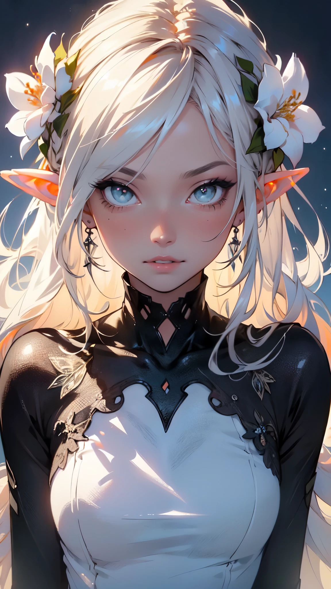 best quality, high-res, ultra-detailed), beautiful elf woman, detailed face, detailed eyes, long sparkling dress, night background with light and flowers, neon colors, portraits, soft and warm color tones, ambient lighting, full body, flowers, fligh