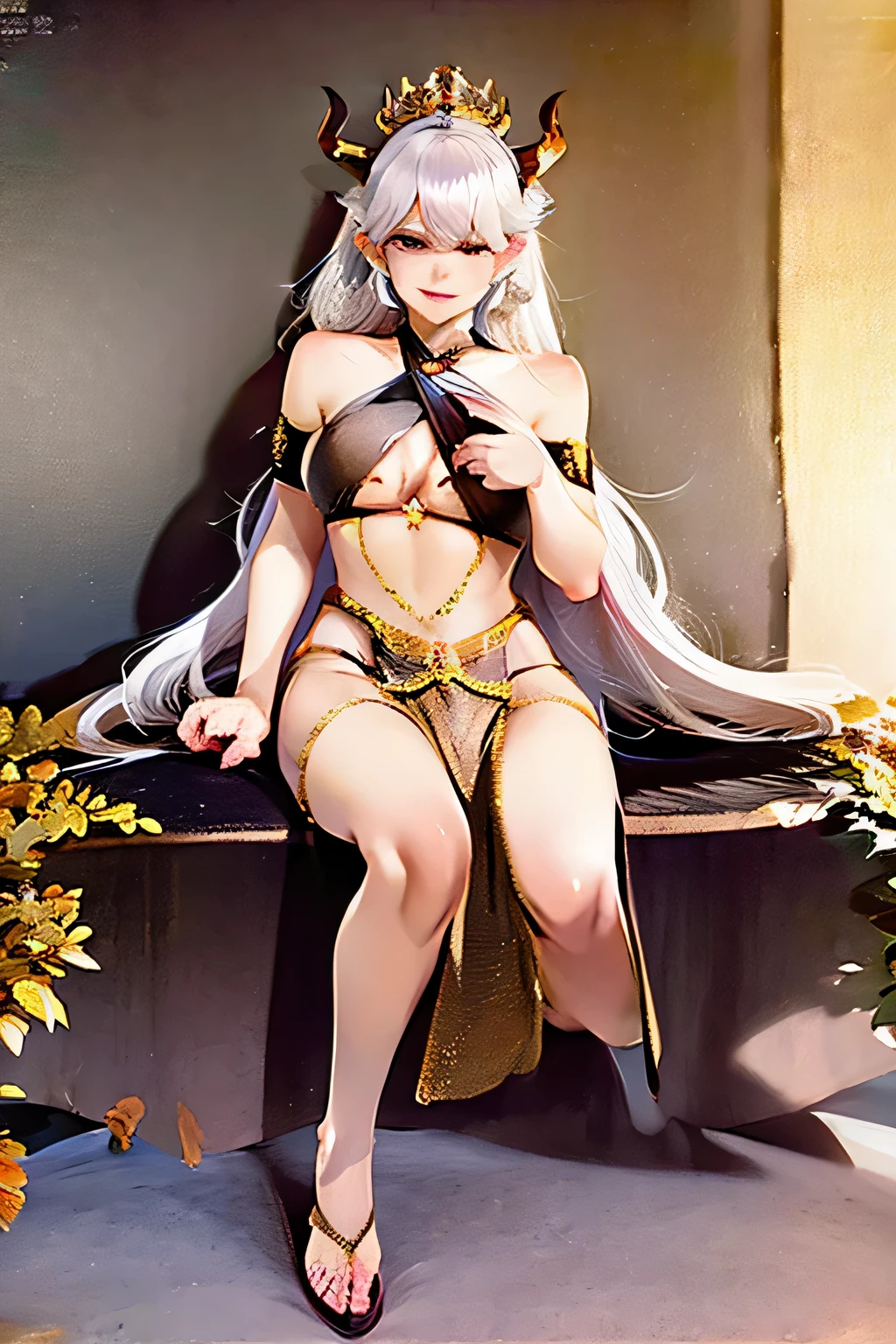 busty half dragon woman with gold dragon horns fingering herself, ahego face, gold scales, silver hair, pink dragon eyes, princess, silver tiara, half asian half african, no clothes, pointy brown nipples