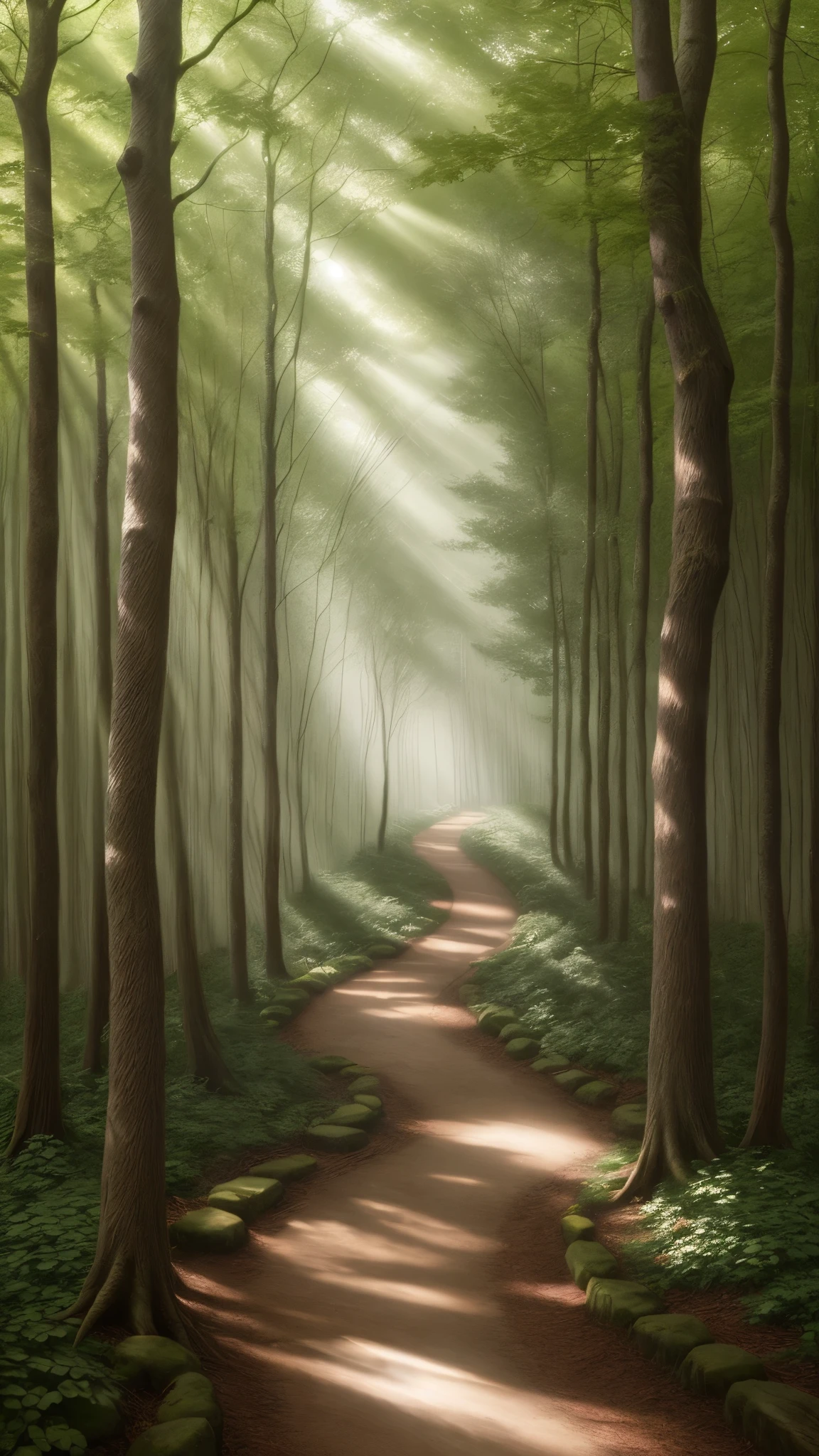 A winding forest path with dappled sunlight filtering through the trees, beckoning the viewer to explore.