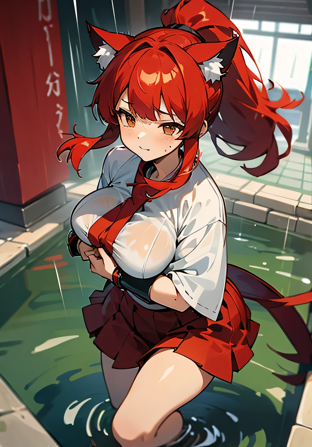 {best quality},rainy,wet,wet clothes、Very wet clothes、soaking wet、Cat ear、red hair、Her right eye is hidden by her bangs、Long hair in a ponytail、big breasts、big breasts、Shrine maiden combat uniform with an open chest area、Wide cuffs、There are quite a lot of exposures where the breasts are exposed.、red skirt