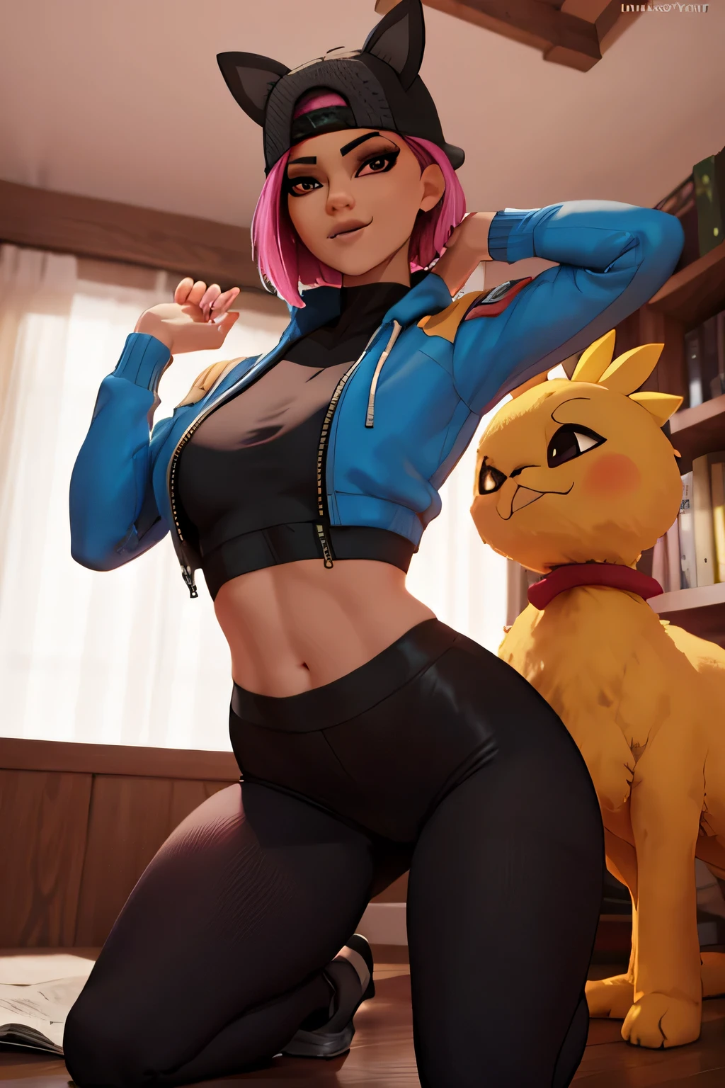 1 chica, (obra maestra), (Mejor calidad), de pie, (solo), mirando al espectador, alto detallado,Extremadamente detallado, Ojos finos, sonrisa,dynamic pose, pelo corto rosa,gorra,top corto, chaqueta,guante sin dedos,con curvas,bosque,anteojos,(leggins grises),(retrato:1.2),