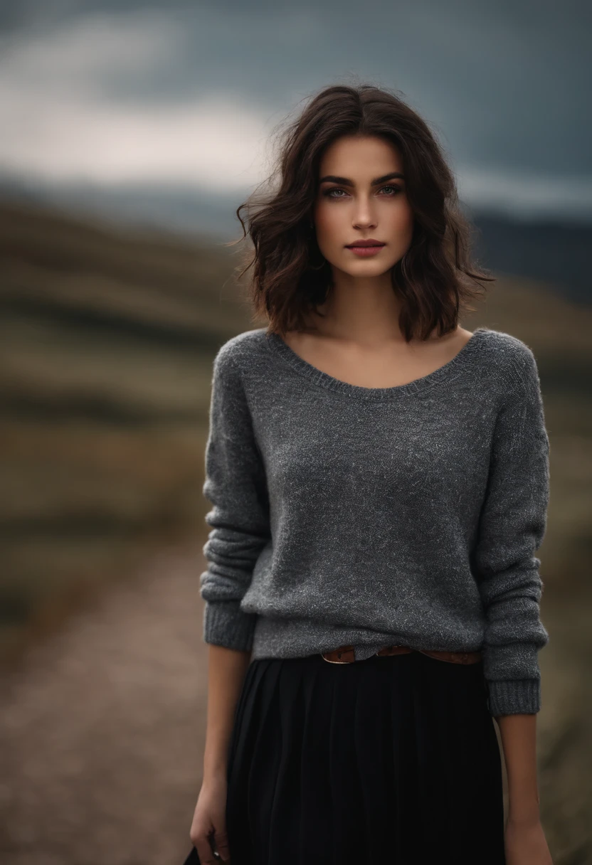 aged 19 girl, dark shoulder-length hair, hazel eyes, light freckles, grey sweater, black skirt