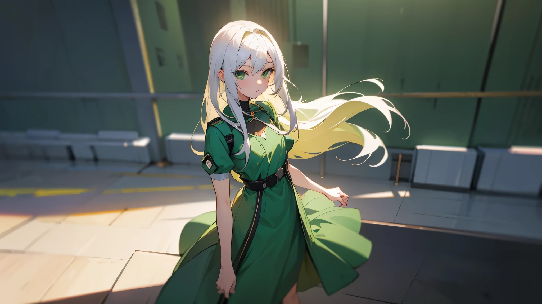 Anime girl with white hair and green eyes, long hair、Anime CG arte suave, anime style. 8k, Hecho con Anime Painter Studio, Retrato realista kawaii, Render de una linda chica de anime , Retrato suave colorido, Anime estilizado、(fondo plano), (Calidad de imagen superior), (Fondo de pantalla 8k unificado CG ultrafino), (colorido:1.2), Sharp focus (full body camera shot), flat chest, green clothes cute dress