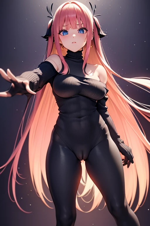 Optimal,masterpiece,High resolution,highest quality,(full body),cute face,,pink hair、twin tails、long hair、hair line,((blue eyes)),long eyelashes,drooping corners of the eyes,white skin,((shoot from the front:1.5)), ((Tight knit off-shoulder sweater:1.5)), ((tight yoga pants)). ((transparent nipples))、((black gloves))、rocket , ((big breasts:1.3)), ((nude, breasts and genitals exposed, vulva and clitoris exposed)),