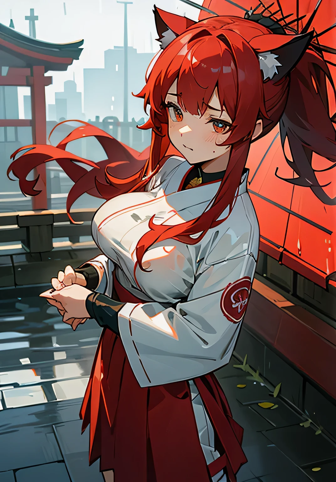 {best quality},rainy,wet,wet clothes、Very wet clothes、soaking wet、Cat ear、red hair、Her right eye is hidden by her bangs、Long hair in a ponytail、big breasts、big breasts、Shrine maiden combat uniform with an open chest area、Wide cuffs、There are quite a lot of exposures where the breasts are exposed.、red skirt