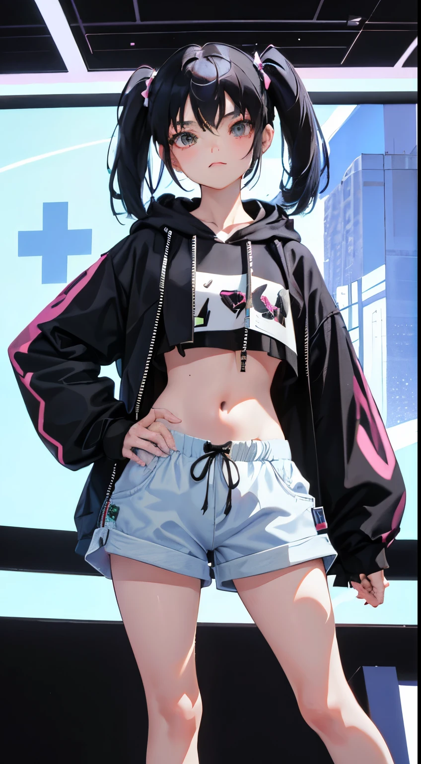 (short cute girl, young studeg delicate girl),(masterpiece,Top quality),crop top look,pastel hoodie,(gingham check shorts),black hair,long twin tails,toy world