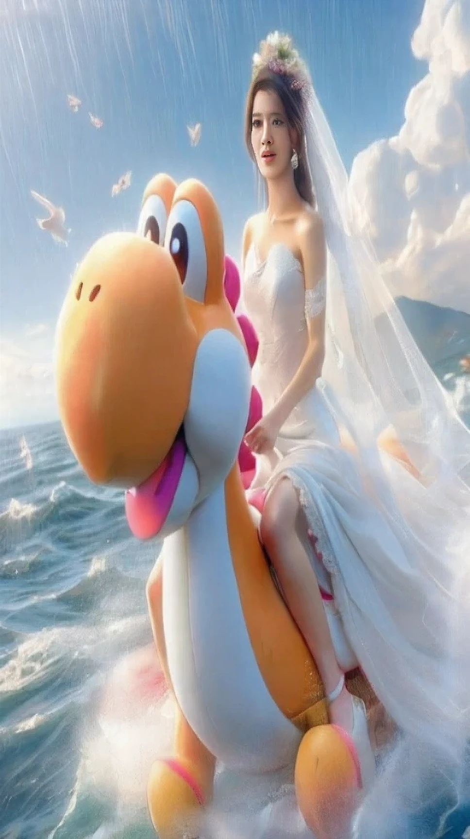 A Taiwanese beauty wears a white wedding dress,Riding Yoshi on the sea
