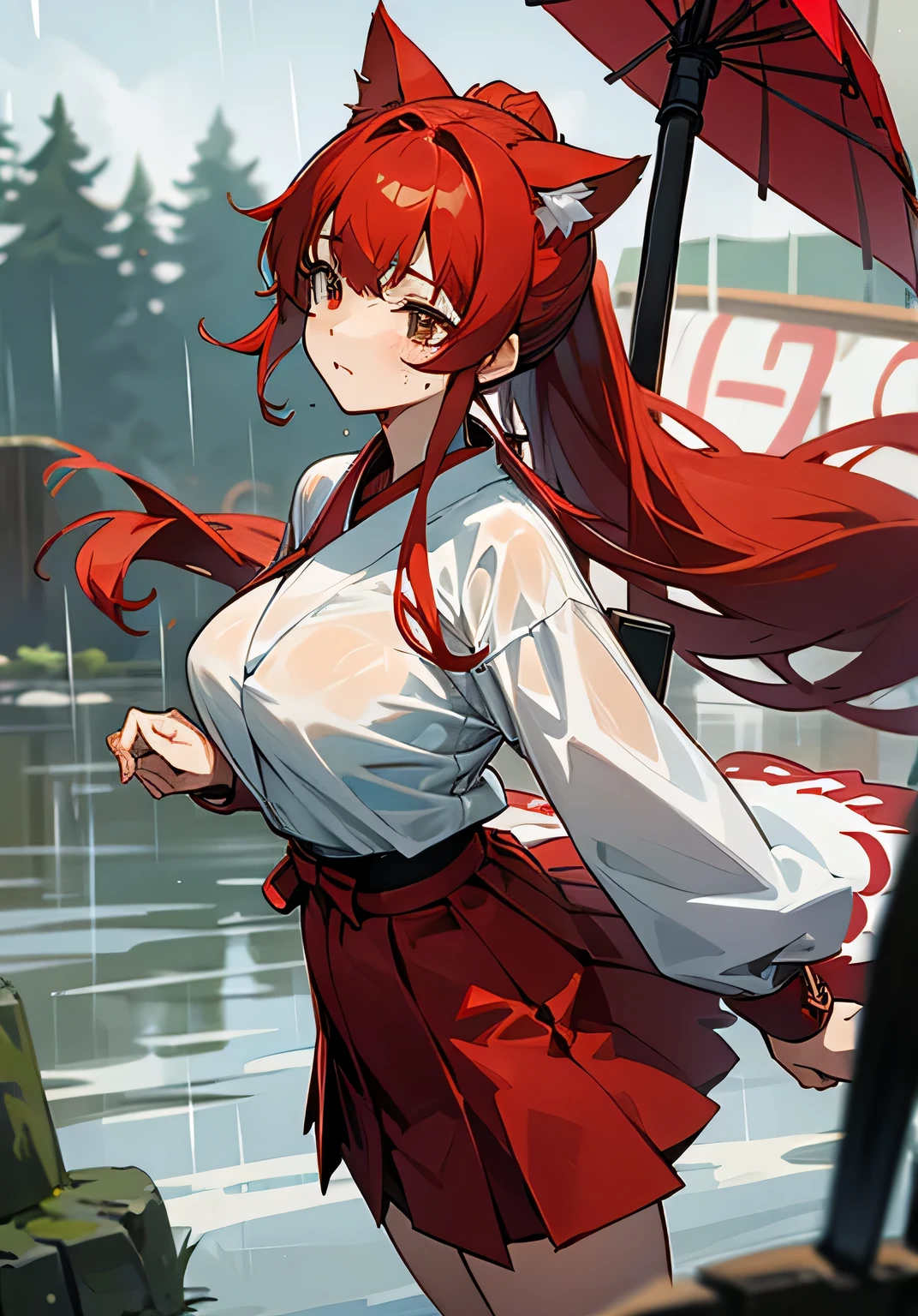 {best quality},rainy,wet,wet clothes、Very wet clothes、soaking wet、Cat ear、red hair、Her right eye is hidden by her bangs、Long hair in a ponytail、big breasts、big breasts、Shrine maiden combat uniform with an open chest area、Wide cuffs、There are quite a lot of exposures where the breasts are exposed.、red skirt