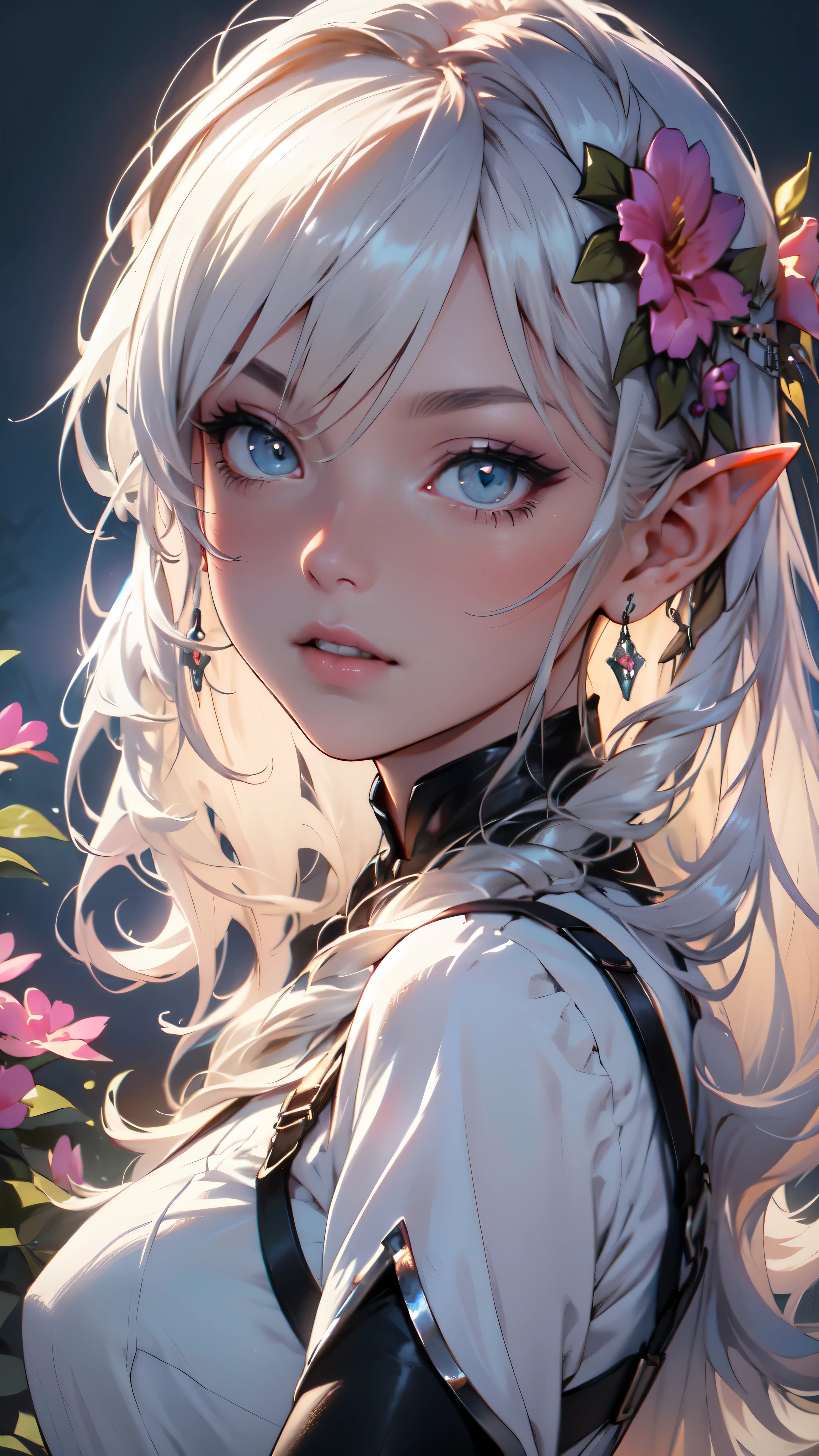 best quality, high-res, ultra-detailed), beautiful elf woman, detailed face, detailed eyes, long sparkling dress, night background with light and flowers, neon colors, portraits, soft and warm color tones, ambient lighting, full body, flowers, fligh