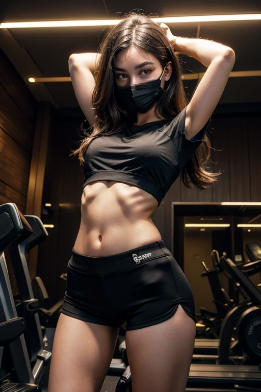 Best Quality, Masterpiece, High Resolution, 8K, (Realistic: 1.4), Ultra High Resolution, 1 Girl, Ultra Detailed, Surreal, Highly Detailed CG Illustration, Official Art, Cinematic Light, Reality, Young Beautiful Girl, Perfect Figure, Perfect Figure, Full View, Perfect Body, (Starting below: 1.3), Mask, Pose, Sexy Long Legs, Confident, Beautiful Sexy, Grey Short Sleeves, Open Abdomen, Black Super Shorts, S-shaped Body, Upturned Hips, Assuming, Posing, Different Perspectives gym