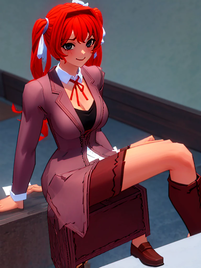 Twintail, red haired, 1girl, grey eyes, well toned, well built, muscled, toned muscles, (masterpiece), best quality, highres, solo, ribbon, white ribbon, hair ribbon, brown jacket, jacket, long sleeves, smiling, indoors, classroom background, standing, looking at the viewer, (ddlc school uniform:1.3), (showing dripping naked pussy:1.3)、 sitting, spread legs unbuttoned uniform, lingerie, visible bra