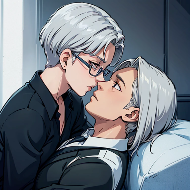 Number 10 (Death Parade), 1 person, 35 years old,(Black bristles), Man with glasses, close up of face, profile photo,A formal and restrained style of dress, black jacket,white shirt, professional look,gray hair, silver, tired look,