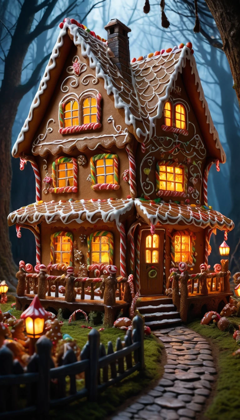 In a cursed forest, a fairy tale scene unfolds with a touch of horror. The main focus is on the gingerbread cottage of the evil witch from the fairy tale of Hansel and Gretel. The cottage is made entirely of gingerbread with exquisite details. The walls are adorned with colorful candy toppings, and there are numerous enticing sweets embedded in the walls. The cottage emanates a tantalizing aroma of freshly baked gingerbread.

The scene is captured with the best quality (best quality, 4k, 8k, highres, masterpiece:1.2) to ensure every detail is brought to life. The image is ultra-detailed, with realistic (photorealistic, photo-realistic:1.37) textures that make the gingerbread look almost edible. The colors are vibrant and vivid, enhancing the overall appeal.

In the background, the cursed forest looms with a mysterious ambiance, shrouded in darkness and dense foliage. The trees twist and contort, seemingly reaching out to embrace or entangle the unsuspecting visitors. The forest exudes an eerie glow, casting surreal shadows across the scene.

The lighting is carefully orchestrated to highlight the intricate details of the gingerbread cottage. Soft, warm light emanates from the cottage's windows, casting a cozy glow on the surrounding area. The contrast between the light and the dark forest adds to the suspenseful atmosphere.

This prompt combines the elements of a classic fairy tale with a hint of horror, inviting viewers to explore the mysterious and deliciously wicked gingerbread cottage. for someone is a candyland.