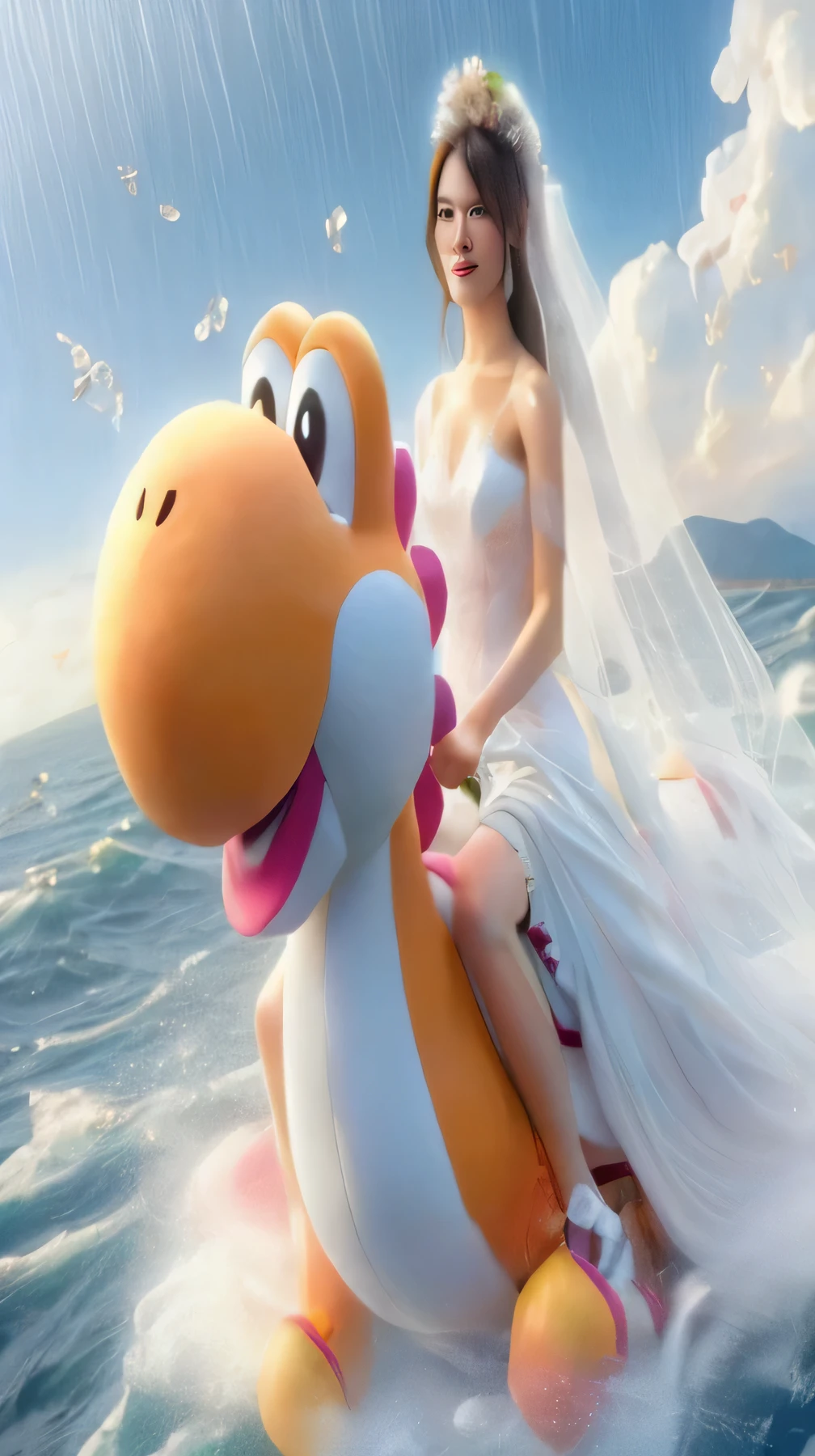 A Taiwanese beauty wears a white wedding dress,Riding Yoshi on the sea
