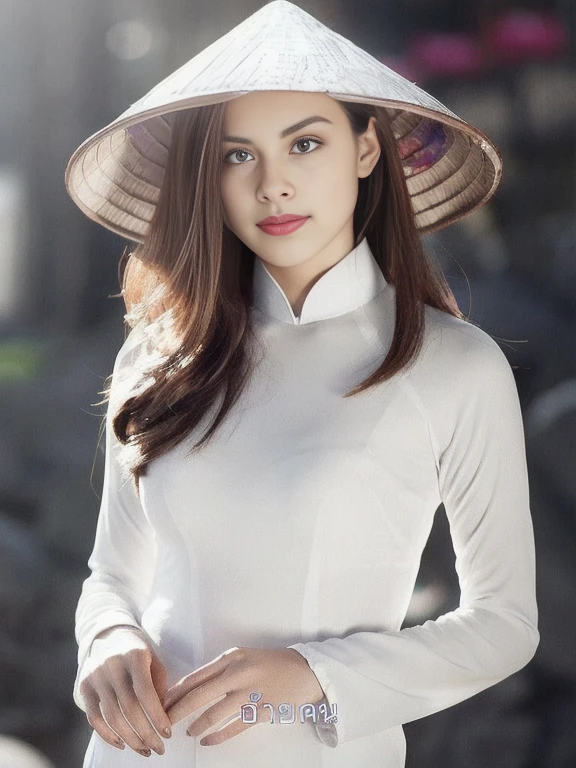 The Arav woman wore a white shirt and hat., Ao Dai, Vietnamese woman, In Lammanh style, Tomorrow, Tran., with straw hat, have a hat, gorgeous woman, In a white turtleneck, Wear a white wool hat., beautiful woman in white dress, Good quality white shirt, traditional, traditional beauty, pointy conical hat